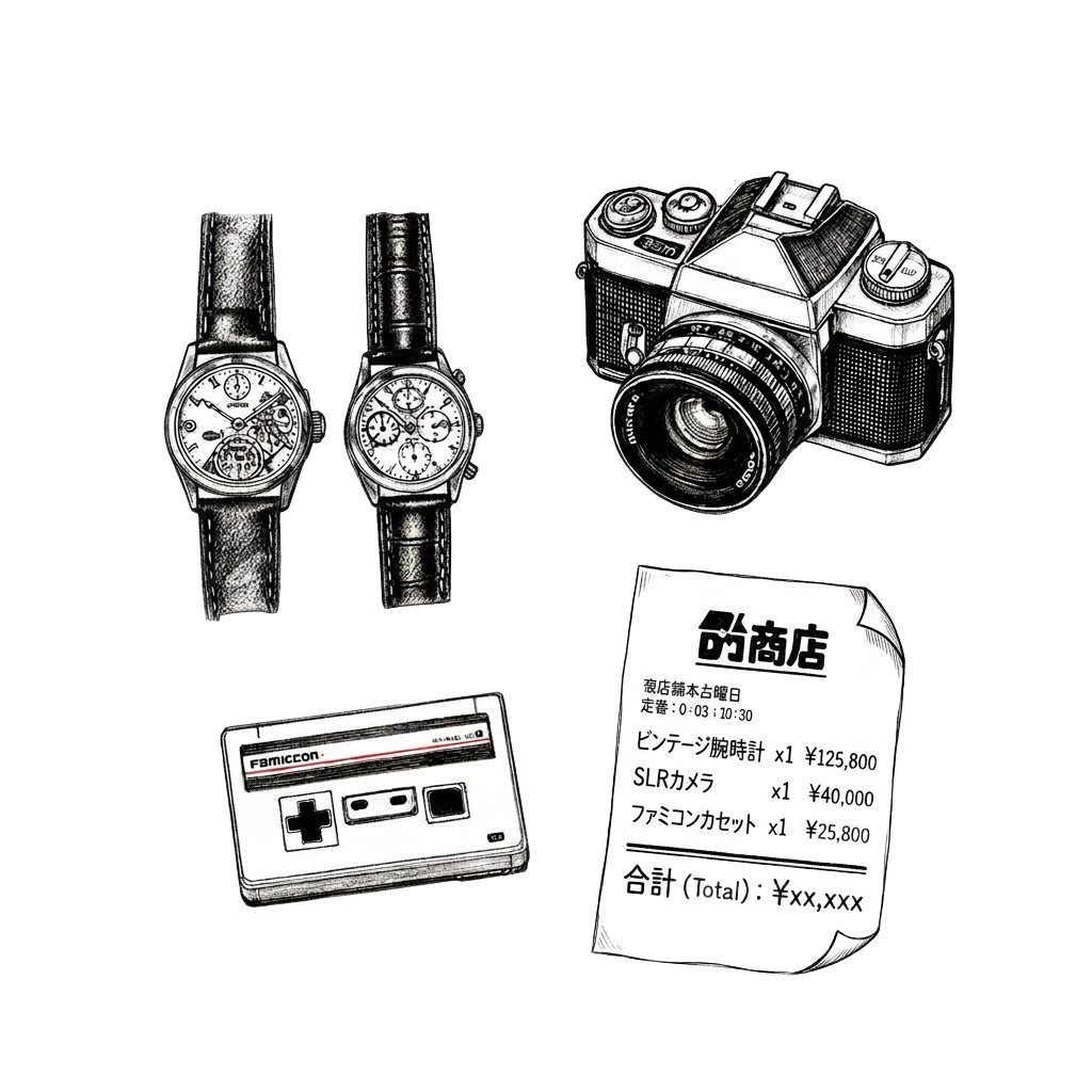 Hand-drawn illustration of vintage watches, a film camera, and a Famicom cartridge